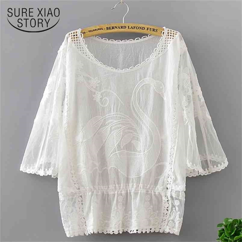 women blouse shirt summer causal floral female tops casual short sleeve loose clothing hollow out blouses 0338 40 210506