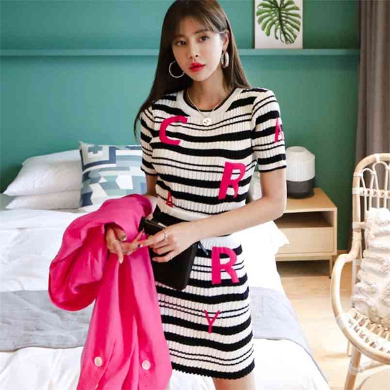 Summer 2 Piece Set Women Knit Striped Letter Short Sleeve Pullover Top + High Waist Bodycon Mini Skirts Suit 210519