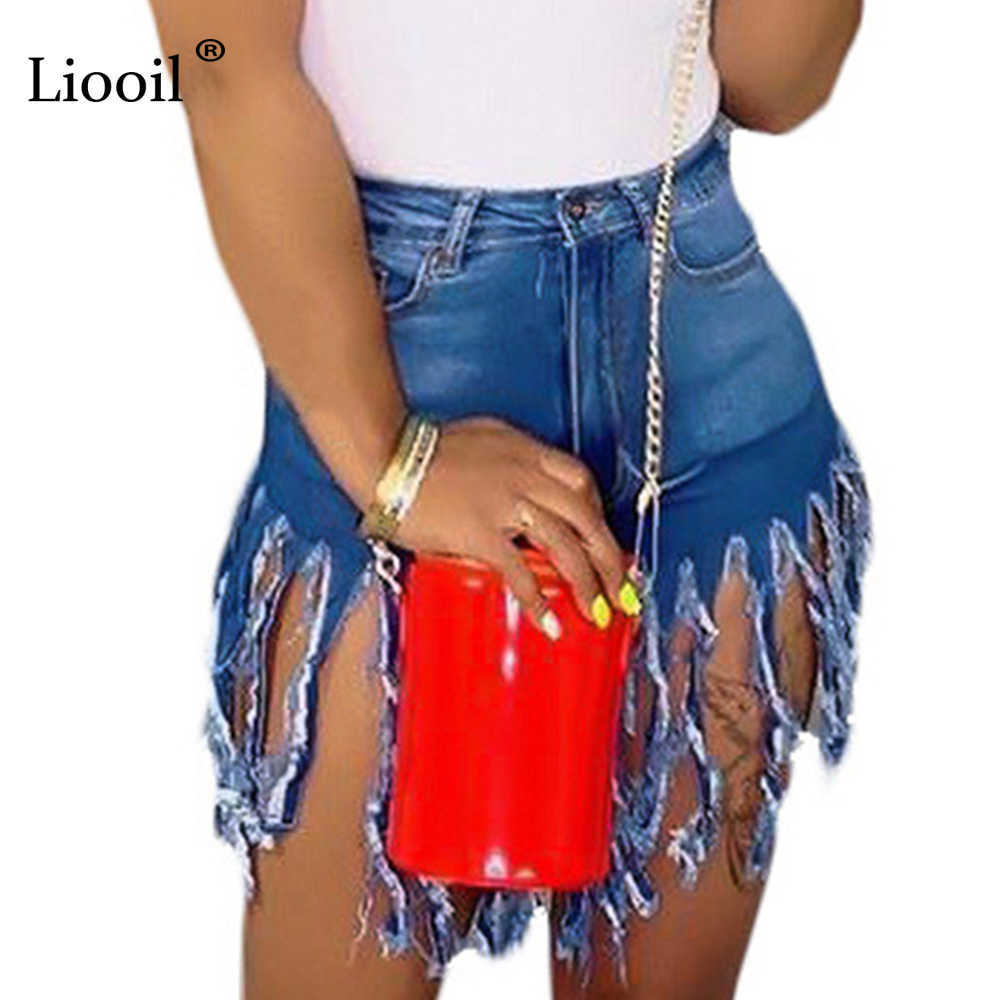 Liooil Neon Tassel Jeans Shorts Women Summer Elastic High Waist Cotton Jean Short Plus Size Sexy Denim Shorts Sexy Club 210611