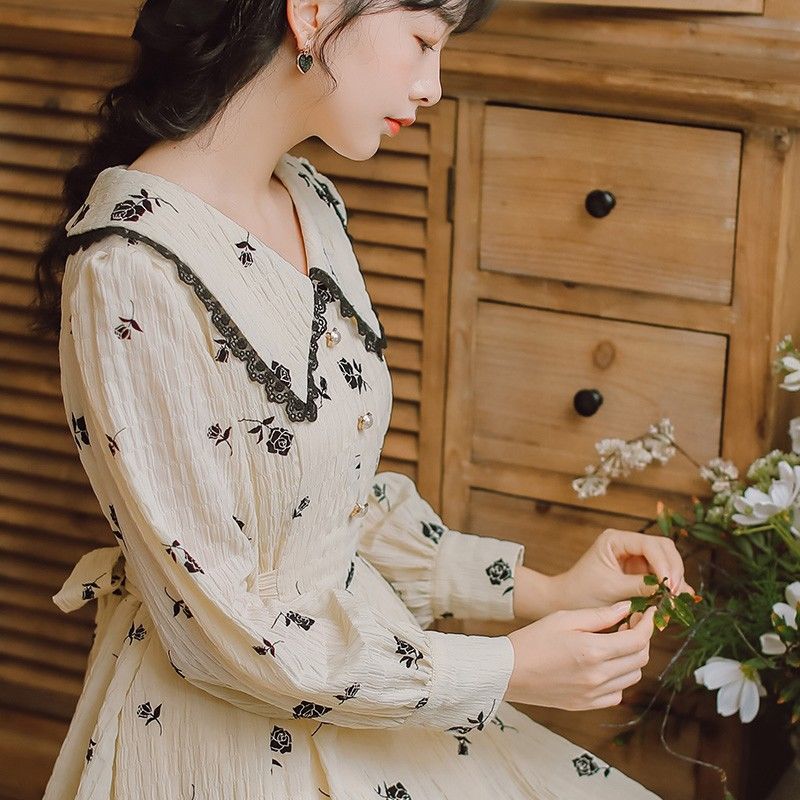 Floral Dress Women Evening Party Casual Long Sleeve Vintage Dress Female Peter Pan Collar One-piece Dress Korean Autumn 210409