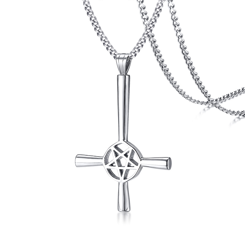 Black Silver Gold Inverted Five-pointed Star Cross Necklace Stainless Steel Fashion Lucifer Satan Symbol Pendant 24 inch