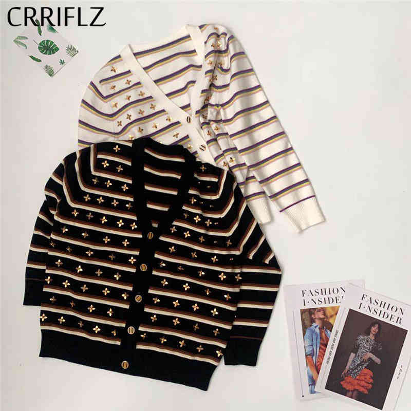 Autumn Winter Striped Knitted Cardigans Sweater Women Beading Sequined Casual V-neck Top CRRIFLZ 210520, Black
Autumn Winter Striped Knitted Cardigans Sweater Women Beading Sequined Casual V-neck Top CRRIFLZ 210520, Black