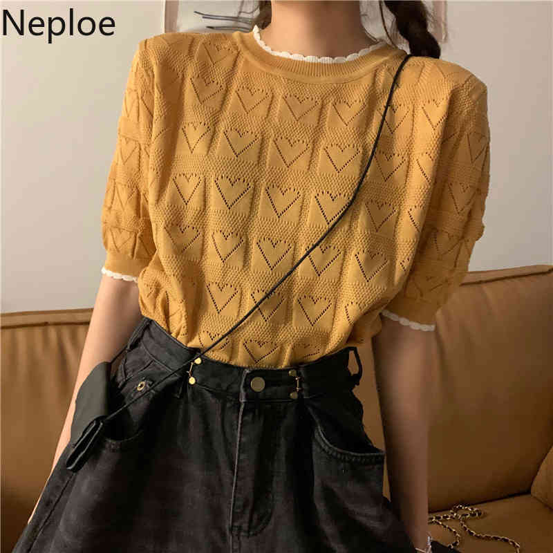 Neploe Women's T-shirts O Neck Short Sleeve Knitted Tops Summer Korean New Loose Solid Pullover Hollow Out Tees Shirt Femme 210422