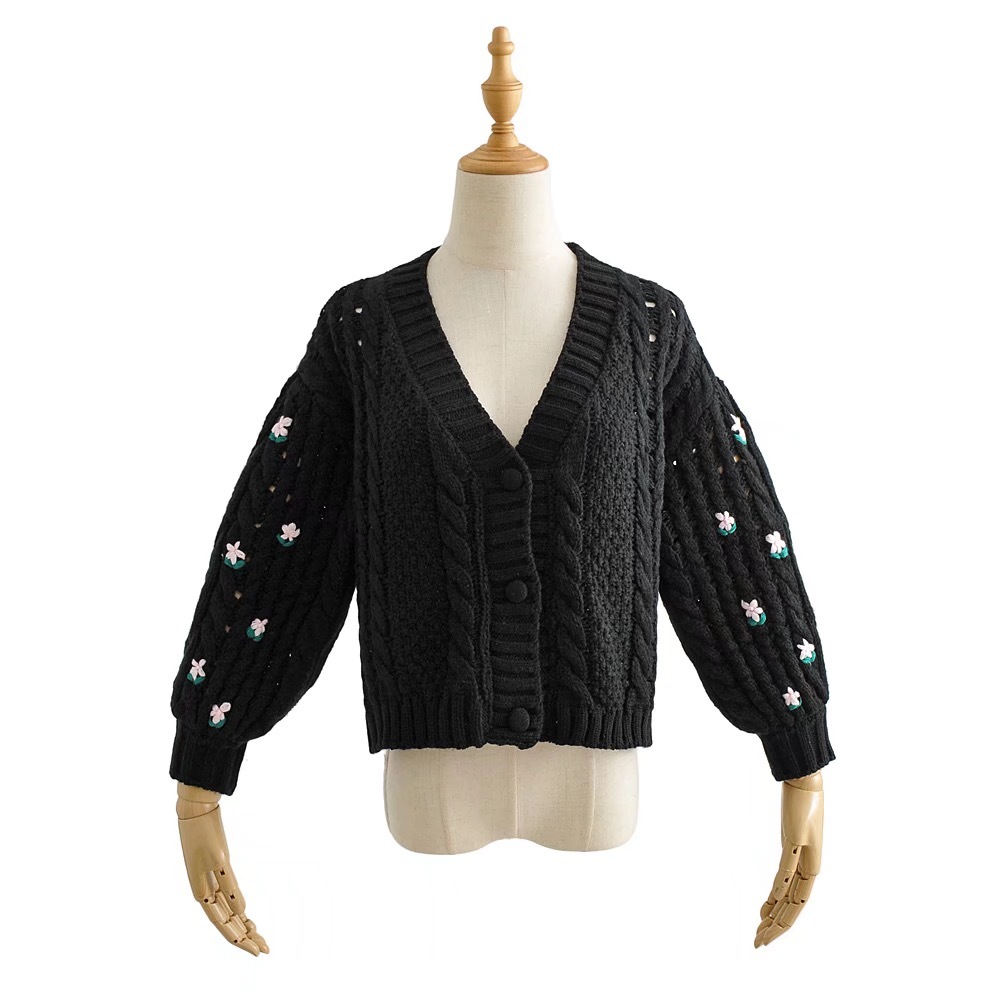 Stylish Women Puff Sleeve Hand Crochet Cardigan Streetwear V neck Long sleeve Knitted Cropped Sweater Yellow Black Korea Clothes 210429