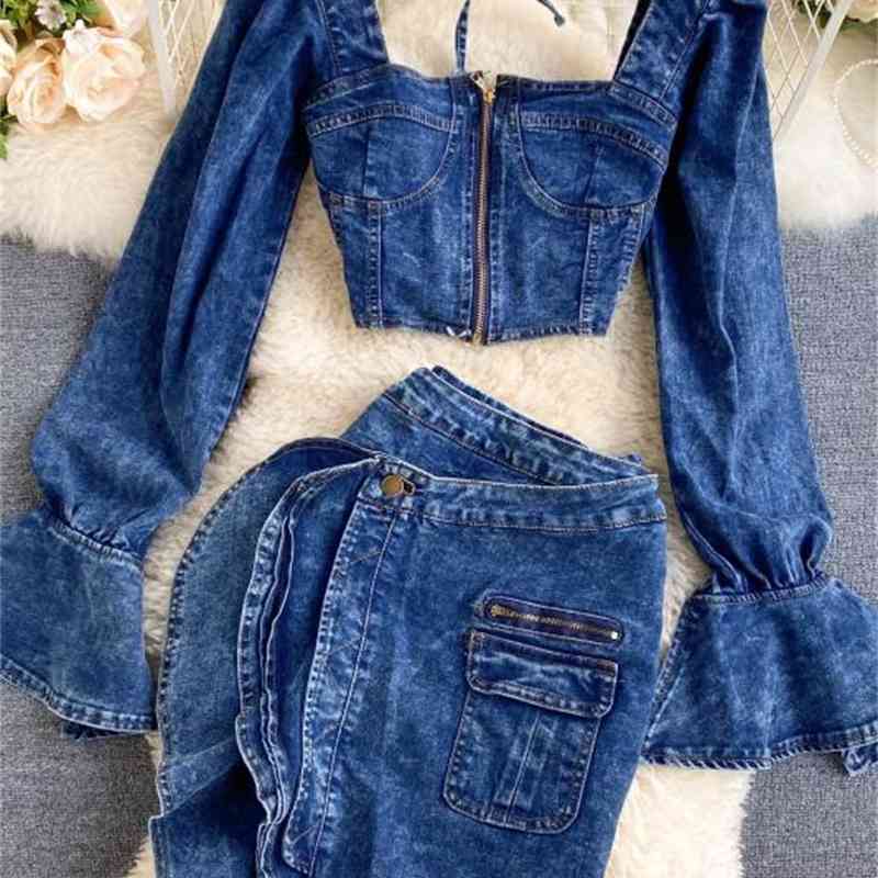 DEAT Autumn Long Flare Sleeve Square Collar Short Denim Top Mini Irregular Skirt Two Piece Set Women Outfits MK316 201012