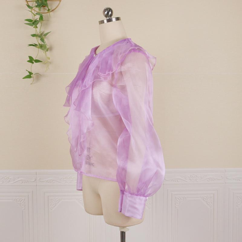 Women's Blouses & Shirts Women Purple Tops Long Lantern Steeves Office Ladies See Through Fashion Clothes 2021 Party Birthday Blouse
