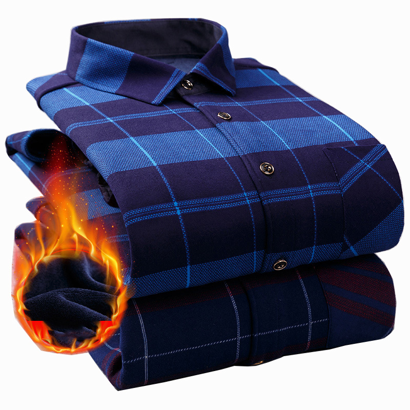 Casual Winter Plaid Warm Men's Shirt Plus Velvet Thick Long Sleeve Comfortable For Cold Weather 210410