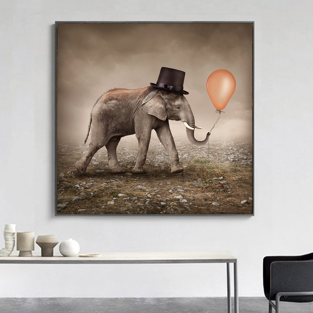 Elephant With Hat Balloon Canvas Painting Wall Pictures For Living Room Animal Art Poster and Print Vintage Pictures Home Decor