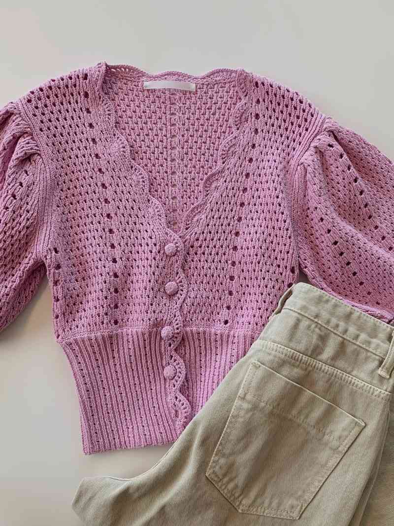 Gentle White V Neck Puff Sleeve Hook Flower Hollow Out Knitted Top Loose Temperament Single Breasted Short Cardigan 210429