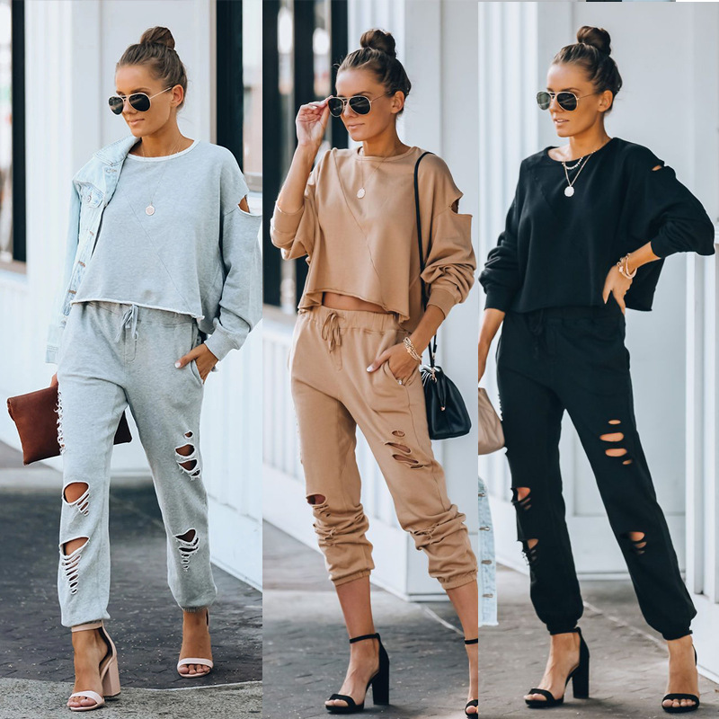 Ladies ripped sports suit fashion trend hollow long-sleeved round neck top pants suit designer women's autumn casual loose sportswear, Black
Ladies ripped sports suit fashion trend hollow long-sleeved round neck top pants suit designer women's autumn casual loose sportswear, Black