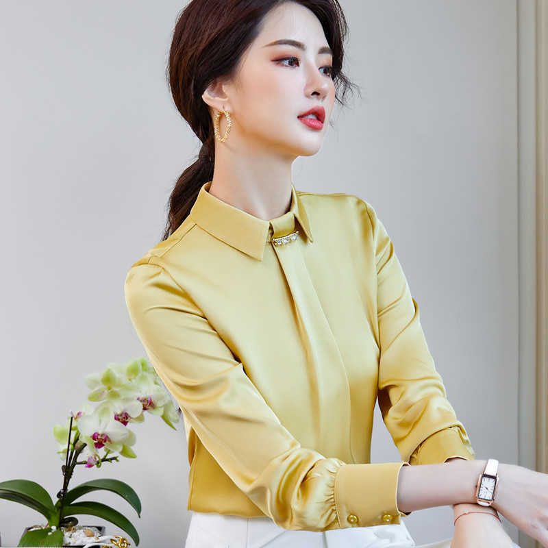 Pink Silk Shirt Women Autumn Temperament Fashion Chiffon Long Sleeve Blouses Office Ladies Formal Work Tops 210604