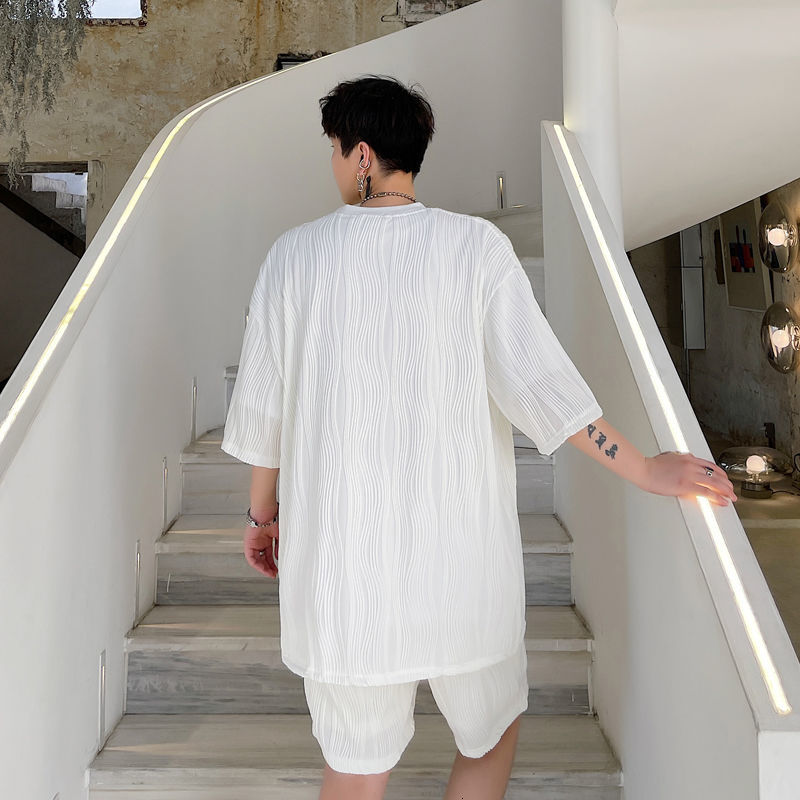 IEFB Summer Stripe Round Neck Loose Oversized T Shirt For Men Short Sleeve Causal Loose Tee Tops Black White Clothing Y7726 210524