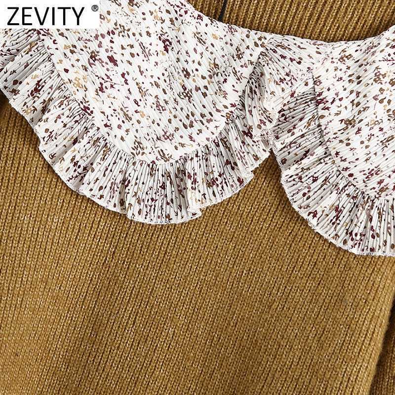 Zevity Women Sweet Print Pleated Agaric Ruffles Patchwork Knitting Sweater Female Lantern Sleeve Casual Chic Pullovers Tops S497 210603