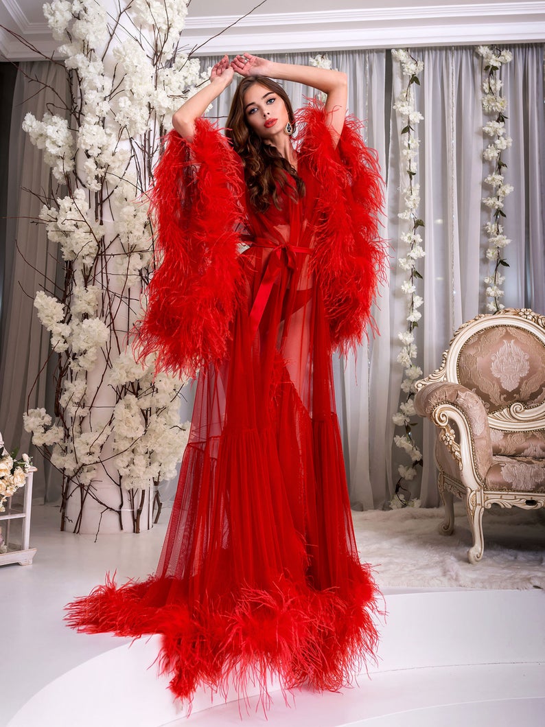 Ostrich Feather Women Sleepwear Long Sleeve Maternity Sexy Kimono Pregnant Party Women Bathrobe Sheer Nightgown Robe Shawel