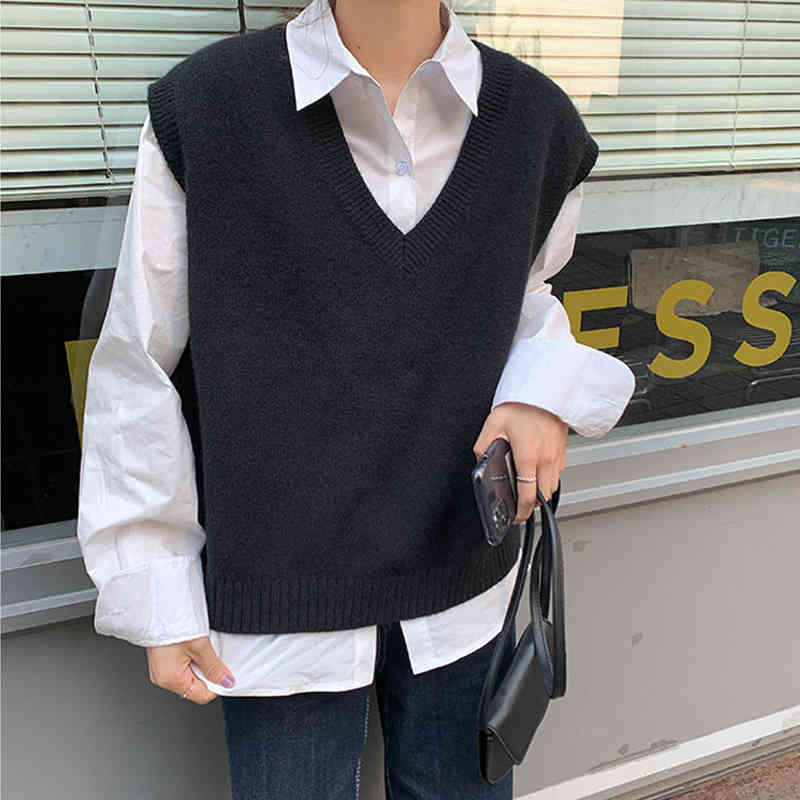 Korean Style V-neck Knitted Solid Color Sleeveless Vest Sweaters Autumn and Winter Womens Pullovers Knitwear 10896 210518