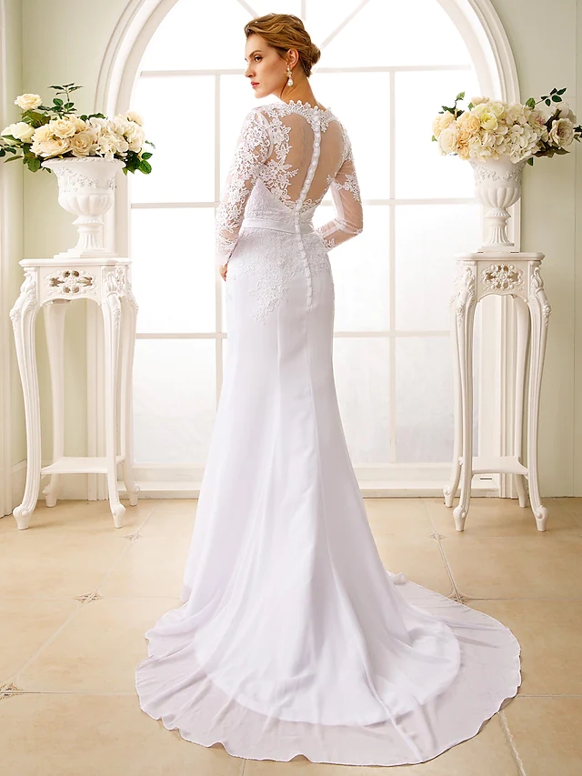 2022 Bridal Gown Trumpet Wedding Dress V Neck Court Train Chiffon Floral Lace Long Sleeve Sexy See-Through Backless Illusion Vestido De Noiva Robe De 