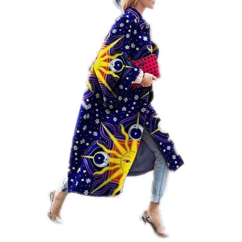 Women Leisure Spring Coat Long Length Flared Sleeve Printed Loose Windbreaker Straight Lapel 210820