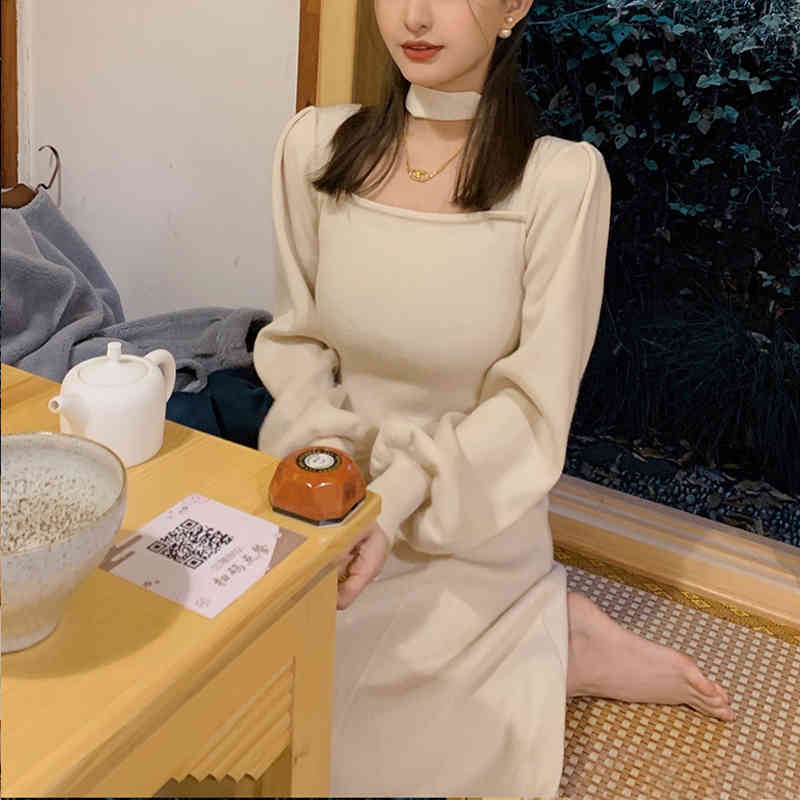 Winter Vintage Dress Women Long Sleeve Elegant Office Knit Dress Female Square Collar Retro Sweater Dress Korean 210521