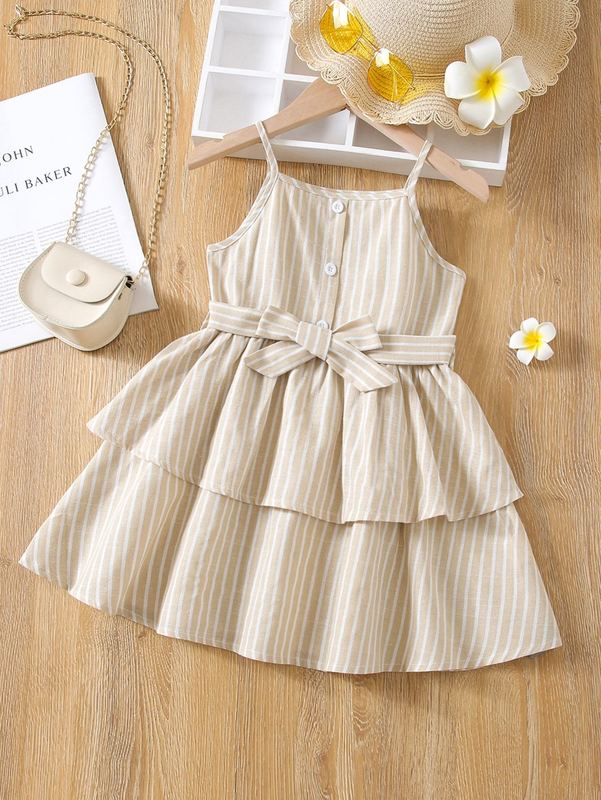Toddler Girls Striped Two Layer Hem Belted Cami Dress SHE