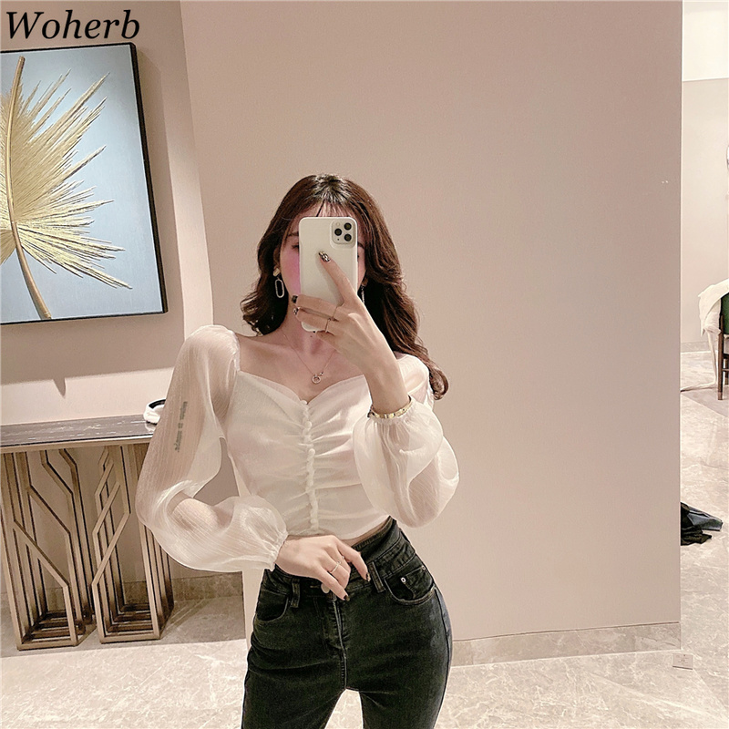 Women Square Collar All-Match Blouse Sexy Crop Tops Elegant Chic Puff Sleeve Feminine Casual Blusas 210519