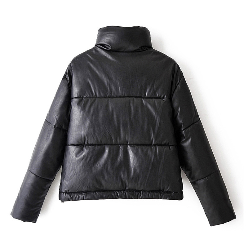 Women Casual Pu Leather Black Coat Stand Collar Office Jacket Long Sleeve Warm Ladies Tops Outerwear Winter Autumn 210414