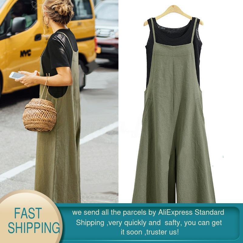 Casual Summer women's Solid Strap Wide Leg Pants Pockets Romper Dungaree Bib Overalls Loose Cotton Linen Jumpsuits for women 210428