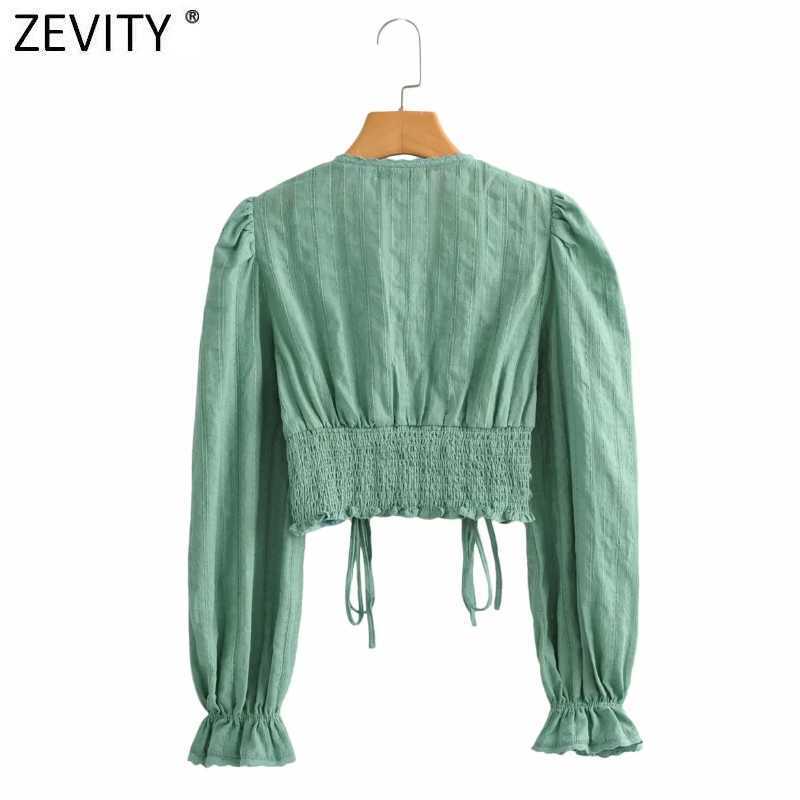 Zevity French Women V Neck Solid Short Smock Blouse Femme Lantern Sleeve Ruffles Casual Shirt Chic Slim Blusas Crop Tops LS9328 210603
