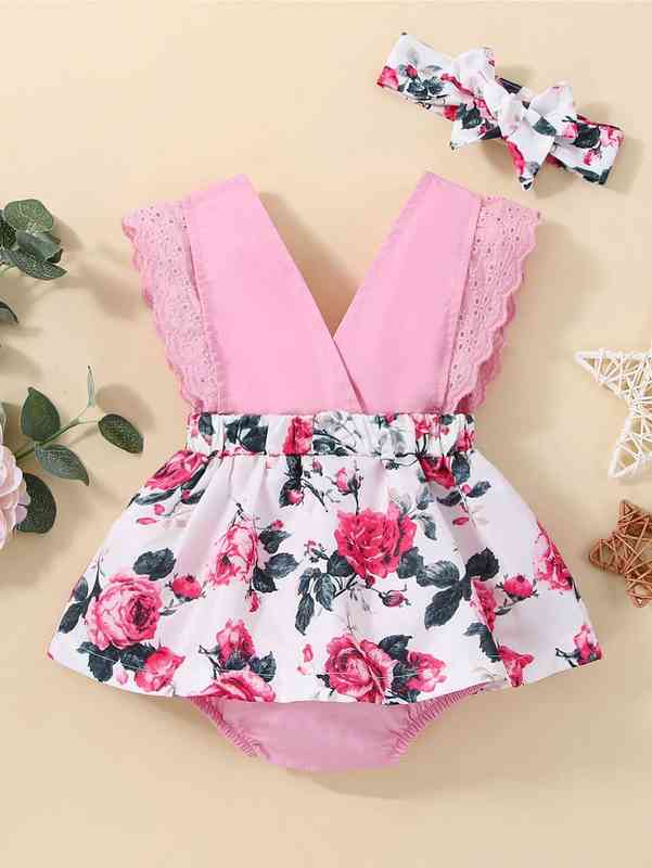 Baby Floral Print Eyelet Embroidery Combo Bodysuit Dress SHE
