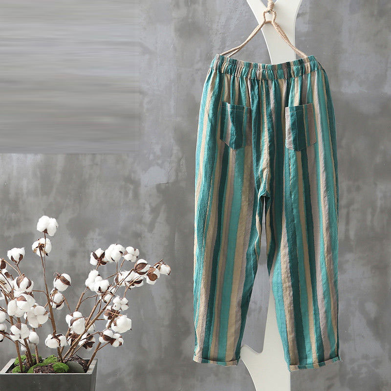 Summer Fashion Women Pants Plus Size Loose Casual Elastic Waist Striped Harem Vintage Cotton Linen Ankle-length D125 210512