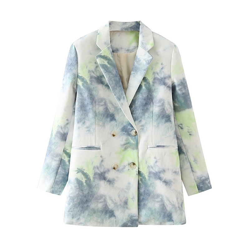 elegant women tie-dye blazer office ladies grey print jackets casual female double breasted suits chic sets 210527