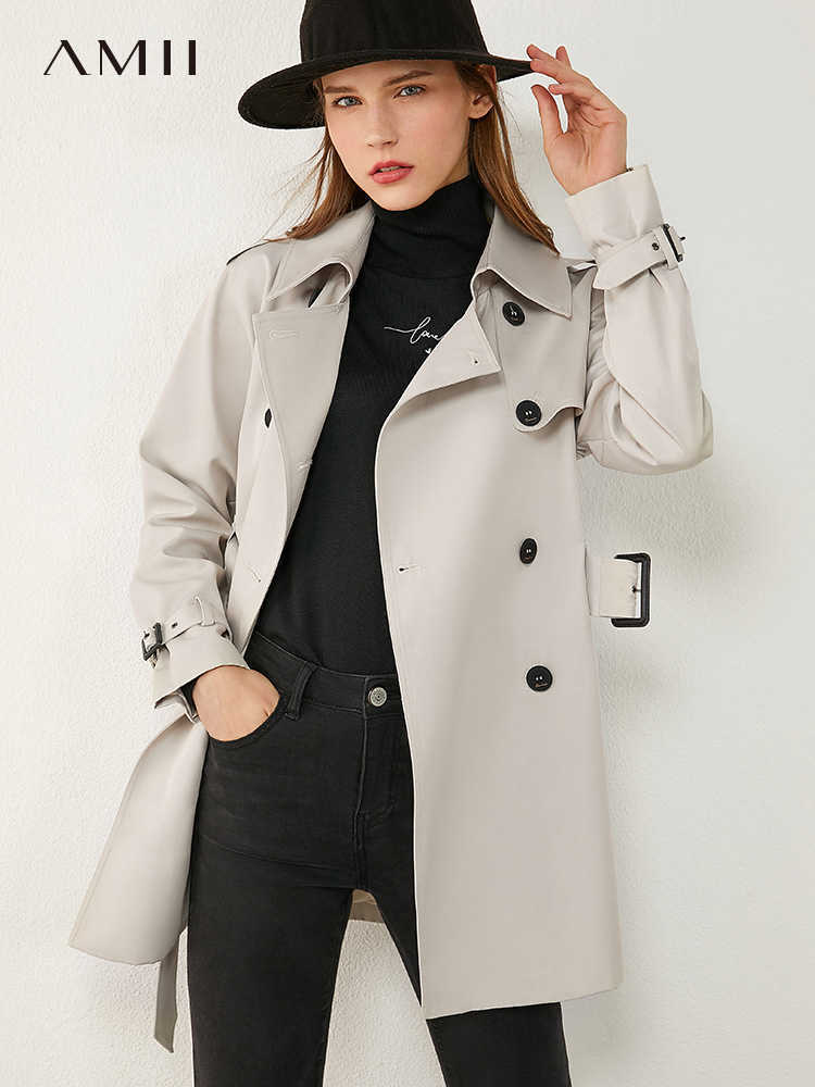 Minimalism Autumn Causal Fashion Women Windbreaker Solid Lapel Double Breasted Belt Female Overcoat Tops 12070417 210527