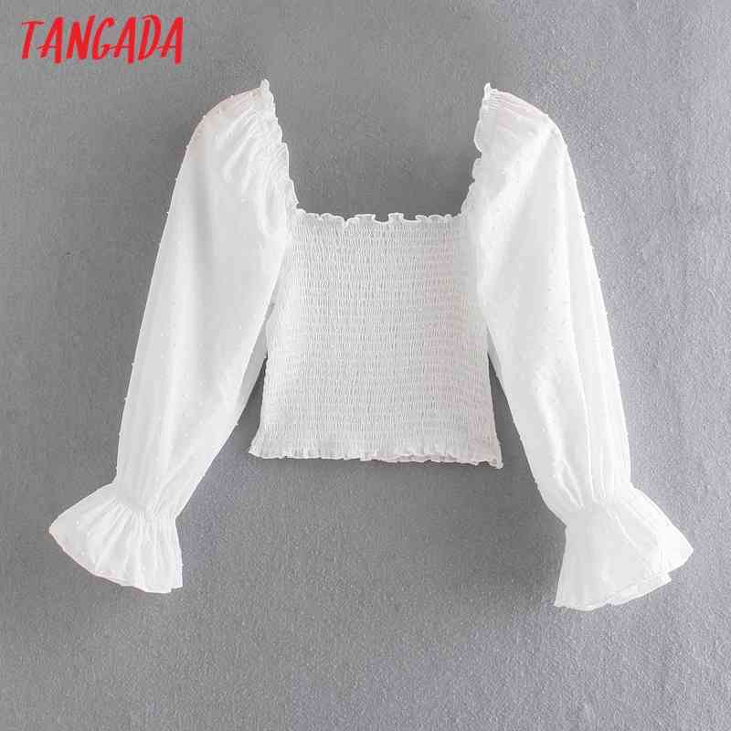 Women Retro Dots Pleated Crop Square Collar Summer Chic Female Sexy Slim Shirt Tops 8M21 210416