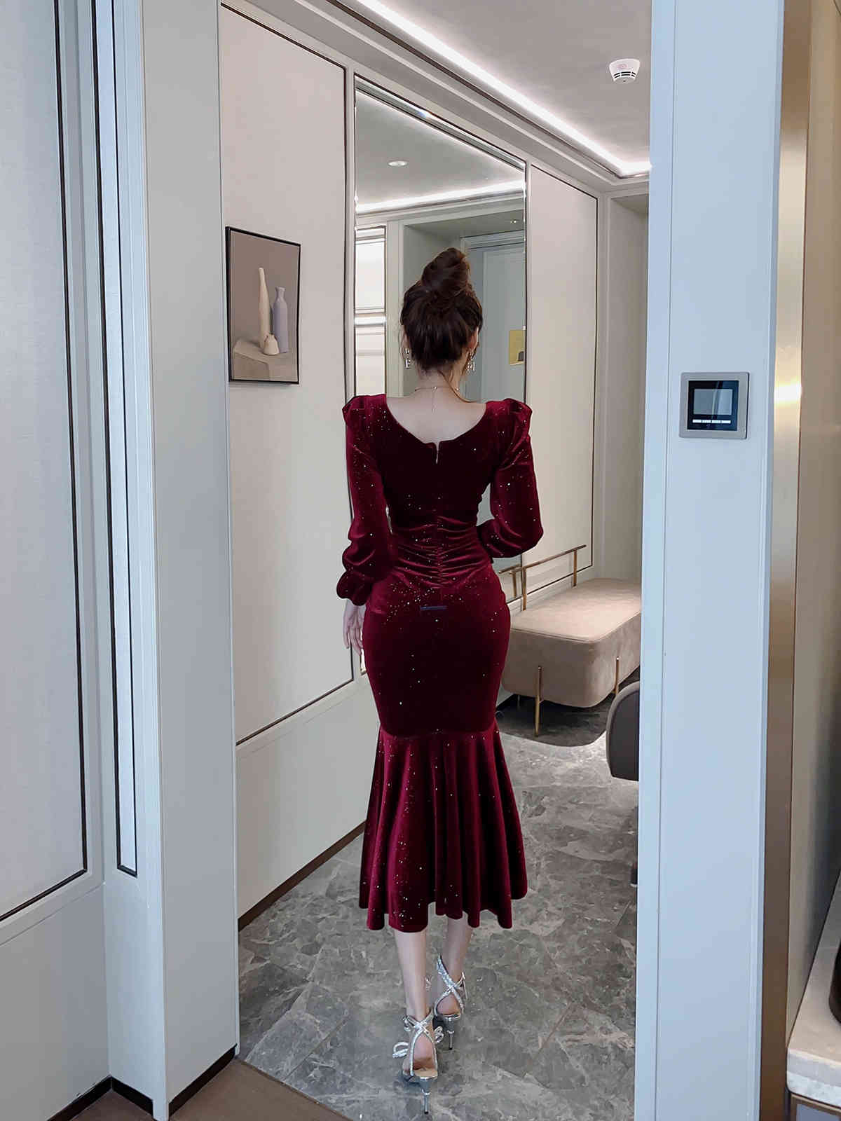 Women Solid Elegant Velvet Long Trumpet Mermaid Dress Spring Autumn Female Clothing 210520
