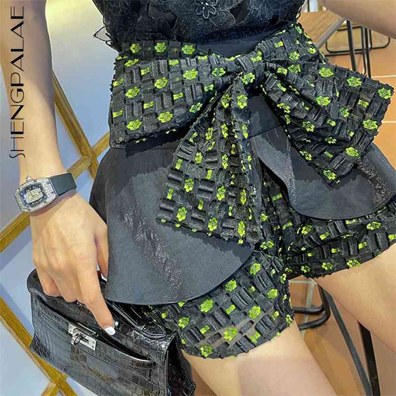 Temperament Playful Firefly Bow Fluorescent Jacquard Texture Double Layer Ruffles Short Skirts For Women In Summer 210427