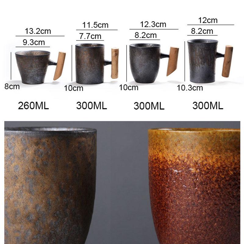 Mugs Creative Japanese Ceramic Coffee Mug Tumbler Rust Glaze With Wooden Handle Tea Milk Beer Water Cup Home Office Drinkware 300ML