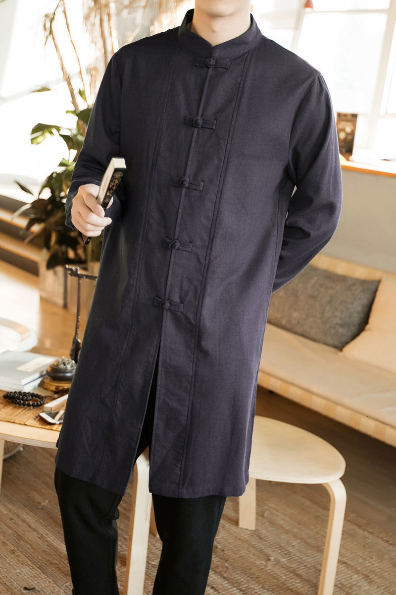 IEFB Chinese Style Cotton Hemp Large Size Long Shirt Men's Casual Stand Collar Long Sleeve Tang Suit Tops 9Y6032 210524