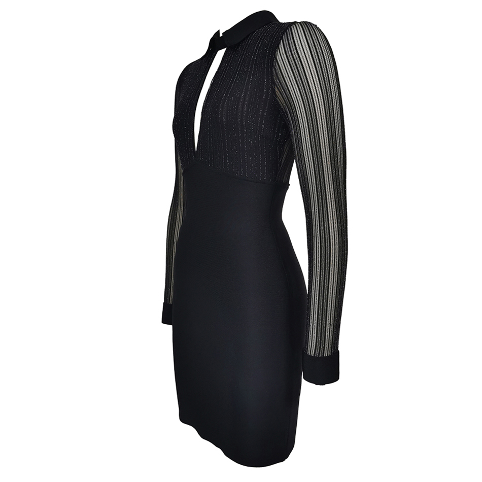 Spring Black Long Sleeve Hollow Bodycon Dress Ladies Sexy Lace Sequin Club Celebrity Party Vestidos 210423