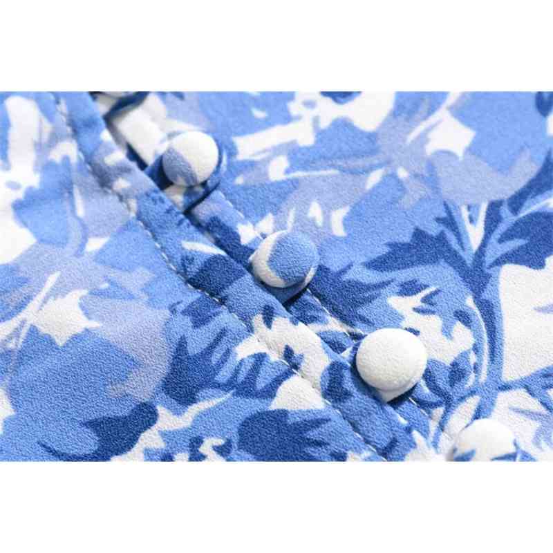 Retro Long Puff Sleeve Blue white Floral Print Shirt Women Single-breasted buttons Slim Waist Short Blouse Girl's Tops 210429
