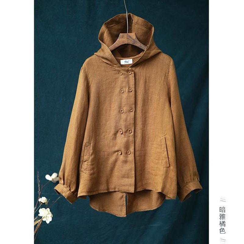 Spring Autumn Arts Style Women Double Breasted Casual Hooded Coat Loose Cotton Linen Solid Jackets Femme Coats M286 210512