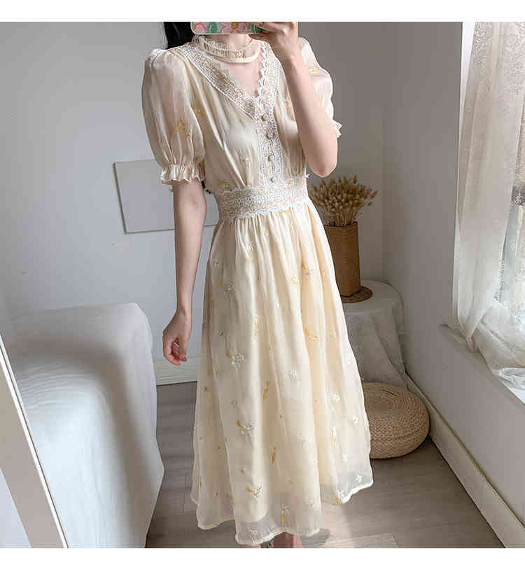 Women Retro Embroidery Floral Fairy Dress Vestido Summer Elegant Chiffon Short Sleeve High Waist Party Dresses Femme 210519