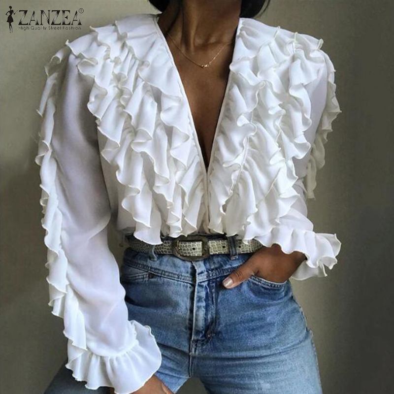 

Fashion Elegant V Neck Long Sleeve Blouse Women Ruffles Shirt ZANZEA Spring Casual Flounce Solid Tops Female Work OL Blusas 5XL, Black