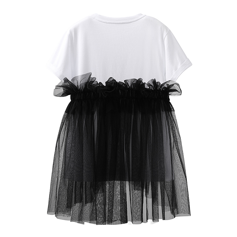 [EAM] Women White Mesh Spliced Ruffle Bow Pearls T-shirt Round Neck Short Sleeve Fashion Spring Summer 1DD7451 210512