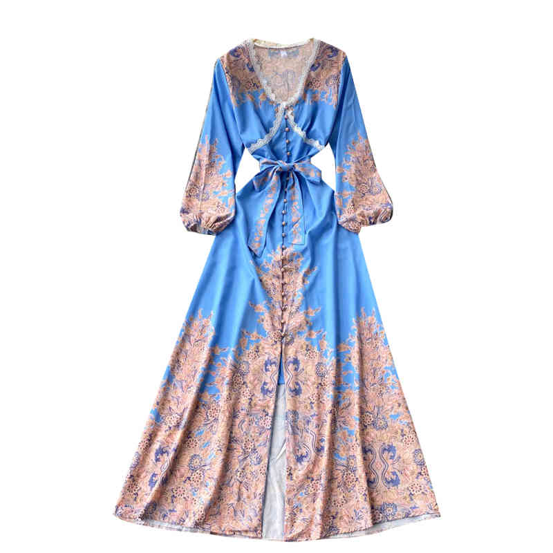 Spring Boho Holiday Long Dress Women Fashion Print Maxi Dress French Lace V Neck Puff Sleeve Button Lace Up Dresses 210521