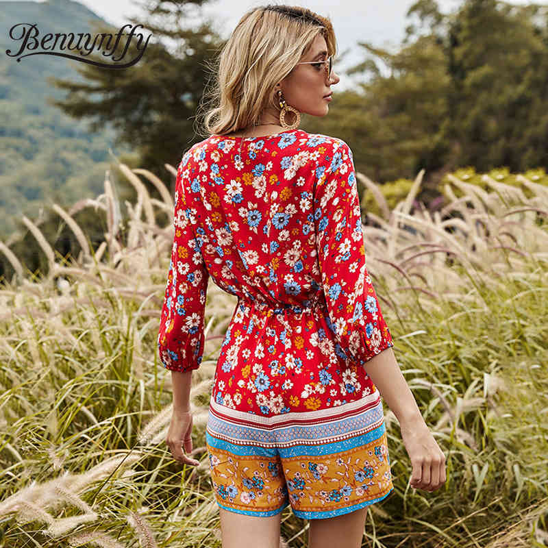 V-neck Button Front Floral Print Rompers Womens Jumpsuit Holiday Boho Summer 3/4 Sleeve Drawstring Waist Romper 210510