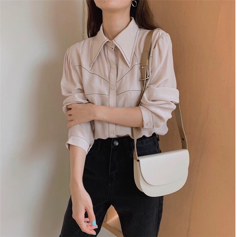 Color-Hit Girls Vintage High Street Elegance OL All-Match Casual Basic Full Sleeves Chic Loose Slim Women Shirts 210421