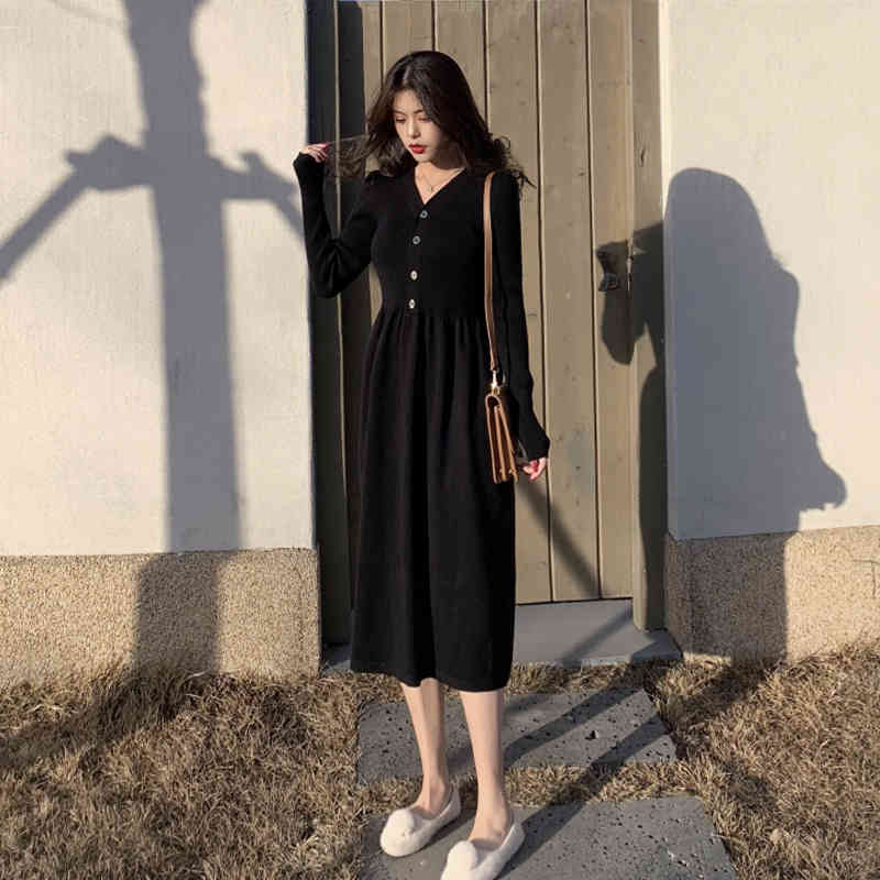 Black Sweater Dress Women Sexy V-neck Elegant Office Knitted Dress Female Long Sleeve Dress Korean Autumn Winter 210521
