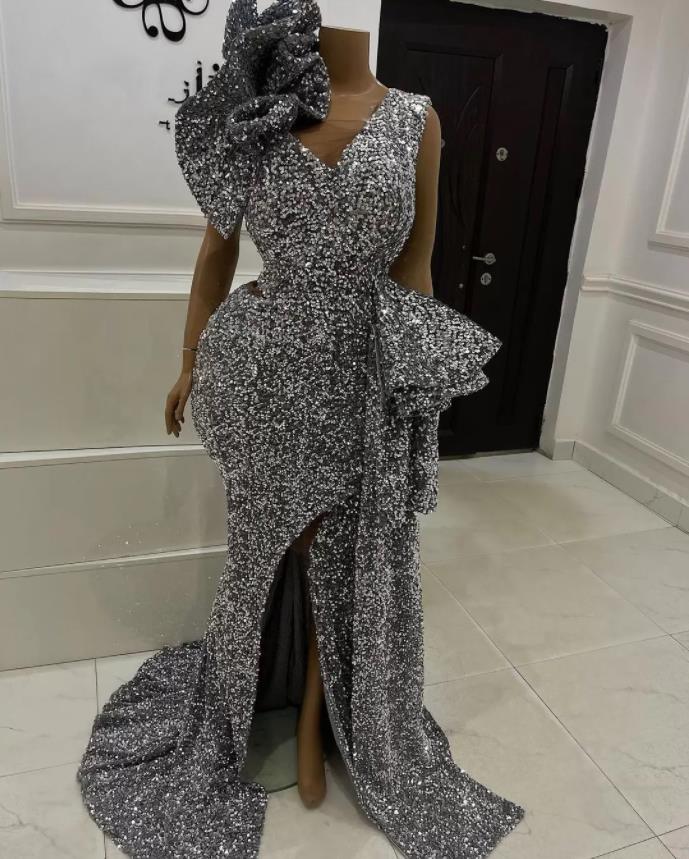 robe de soirée femme Plus Size Evening Dresses For Women silver Party Sequin Aso Ebi Split Mermaid Prom reception Gowns Sweep Train