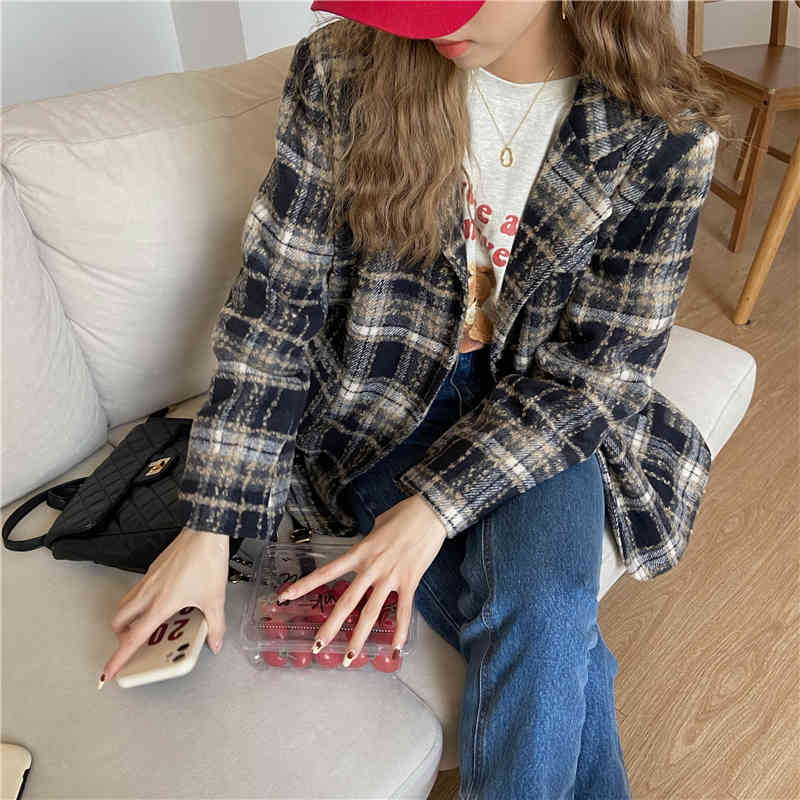 Plaid Office Lady Color-Hit Coats Stylish Women Arrival All Match OL Streetwear High Quality Jackets Blazers 210421