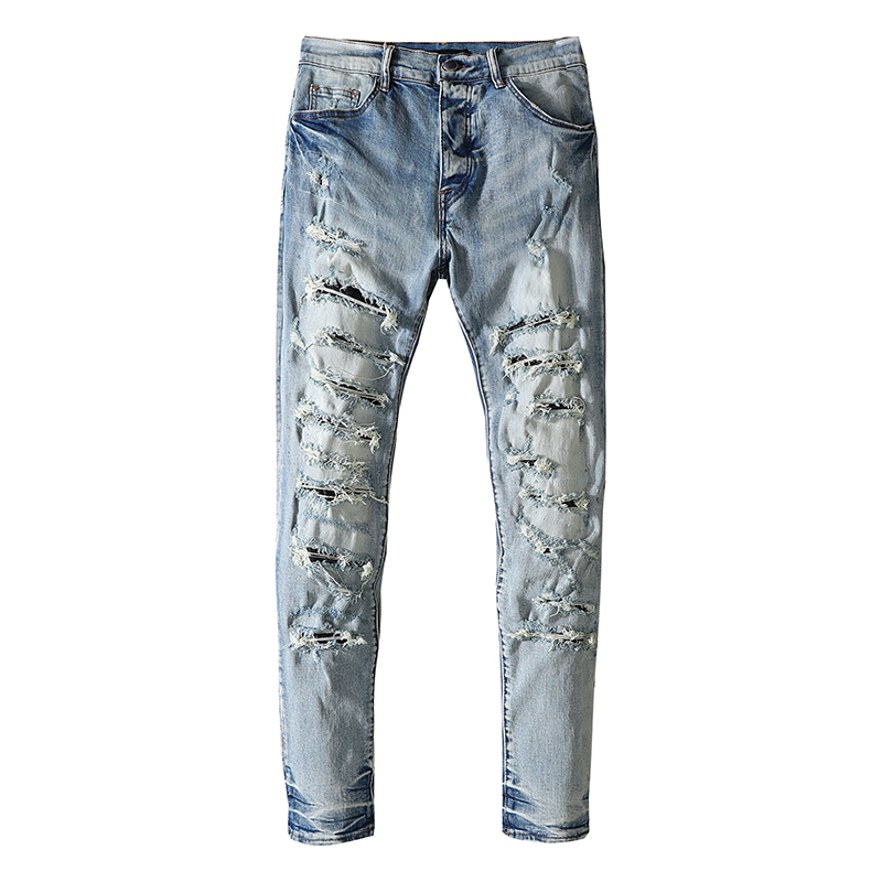 Mens jeans with ripped holes, patchwork, sanding, washed folds, European and American fashion, foot pants casual slimming light blue all-match
Mens jeans with ripped holes, patchwork, sanding, washed folds, European and American fashion, foot pants casual slimming light blue all-match