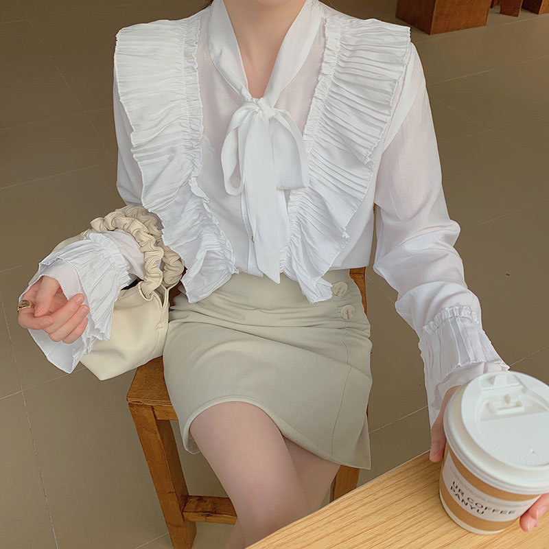 OL Formal High Street Bow Solid Large Size Feminine All Match Shirts Spring Lace Up Women Gentle Blouses Tops 210421